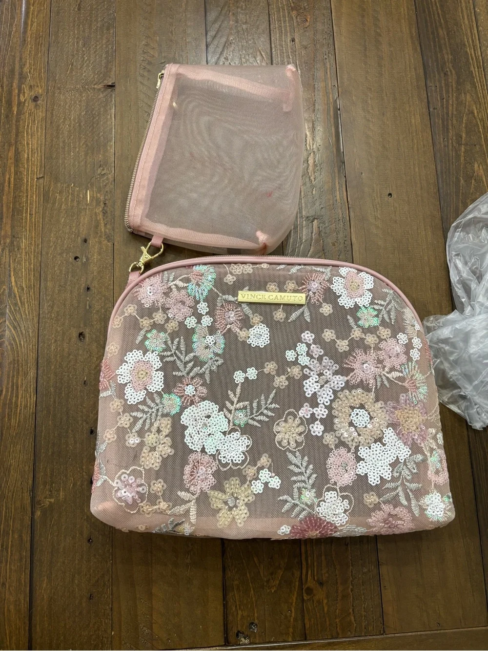 Vince Camuto Blush Pink Floral Sequin Cosmetic Bag